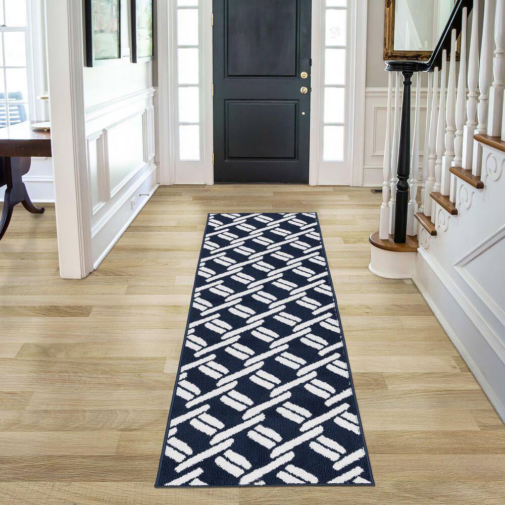 Navy and White Geometric Tufted Runner Rug