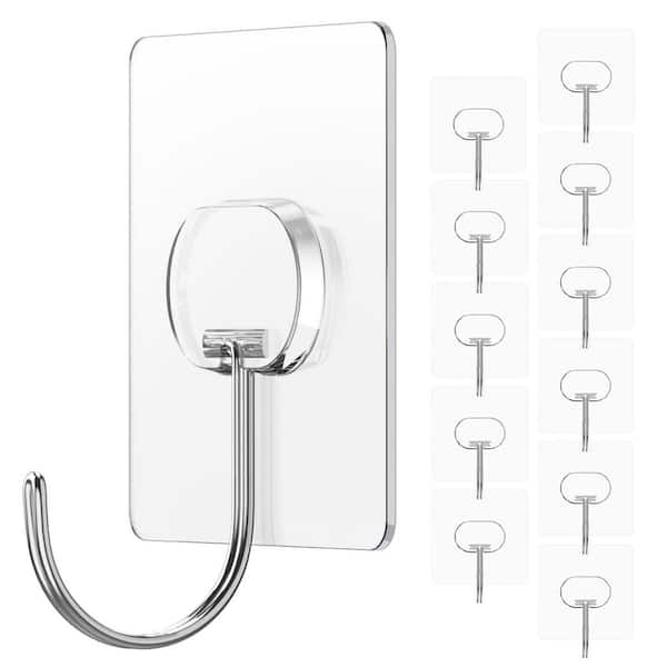 12-Pack Large Stainless Steel Adhesive J-Hooks Robe/Towel Hook in Clear for Bathroom, Kitchen, Door
