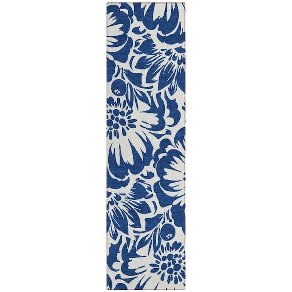 2' X 8' Ivory And Blue Floral Indoor Outdoor Area Rug 2' X 8' Ivory And Blue Floral Indoor Outdoor Area Rug