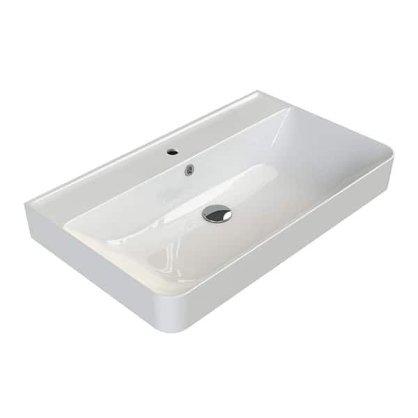 Nameeks Hera Modern White Ceramic Rectangular Wall Mounted Sink with Single Faucet Hole