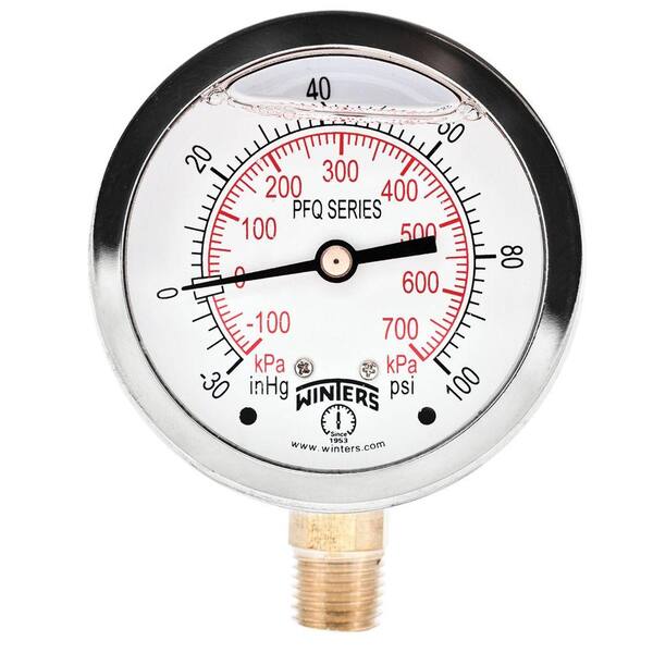 Winters Instruments PFQ Series 2.5 in. Stainless Steel Liquid Filled Case Pressure Gauge with 1/4 in. NPT LM and 30 in. Hg 0-100 psi/kPa