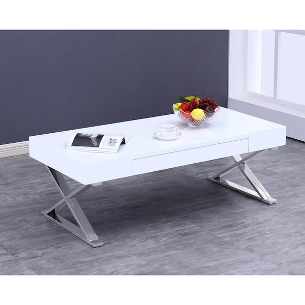 Sebastian White Lacquer finish with Stainless Steel 48 in. Coffee Table White Silver