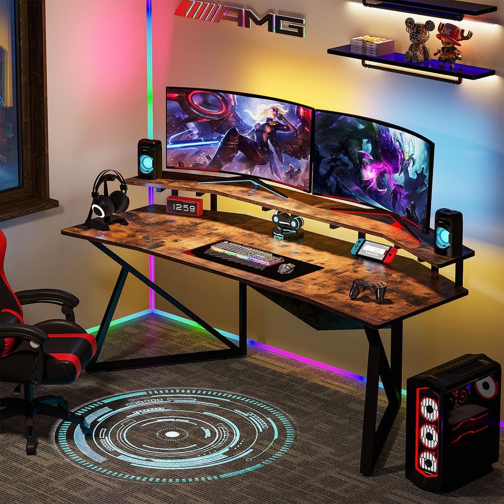 Tribesigns 57 Inch PC Computer Desk with Built-in Power Outlets, Carbon  Fiber Gaming Desk with Storage Shelves, Gamer Workstation with Monitor  Shelf for Bedroom, Home Office, Black
