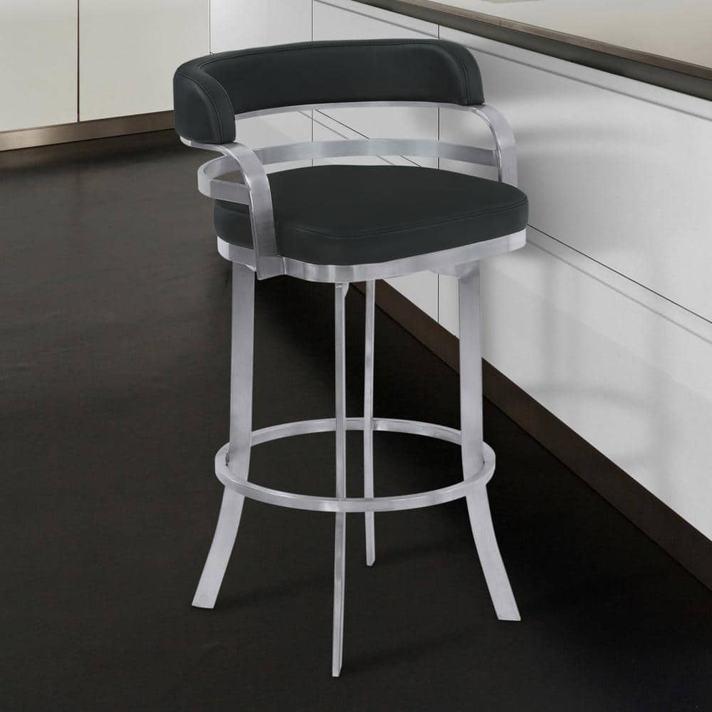 Prinz 30 in. Metal Swivel Bar Stool in Black Faux Leather with Brushed Stai