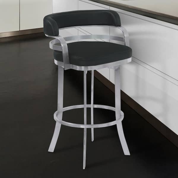Armen Living Prinz 30 in. Metal Swivel Bar Stool in Black Faux Leather with Brushed Stainless Steel and Gray Walnut Back