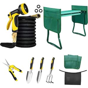 6-Piece Garden Tool Set Including Folding Seat, 50ft Expandable Water Hose, 6.5" Stainless Steel Pruners