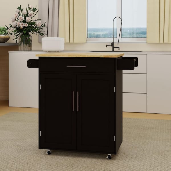 Black Rubber Wood Top Kitchen Cart with 1 drawer & 2 doors with Adjustable Shelves & towel rack