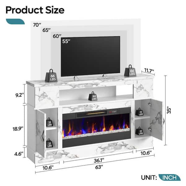 63 in. White Marble Freestanding Electric Fireplace TV Stand Fits TV Up to 70 in. Entertainment Center with Cabinet