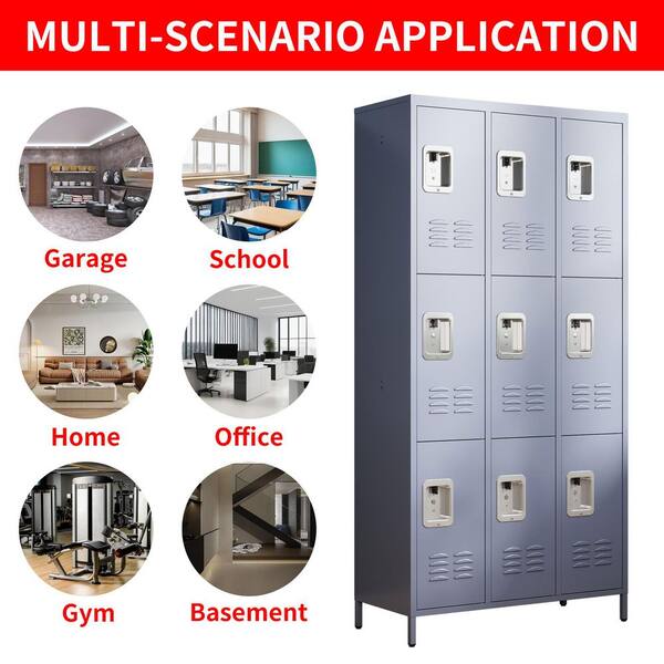 cadeninc 72 in. H 3-Tier Metal Lockers in Gray with 9-Door