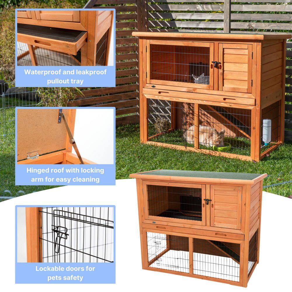 Large Natural Pine 2-Story Outdoor Guinea Pig Hutch