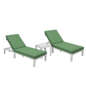 Chelsea Modern Weathered Grey Aluminum Outdoor Patio Chaise Lounge Chair with Side Table and Green Cushions Set of 2