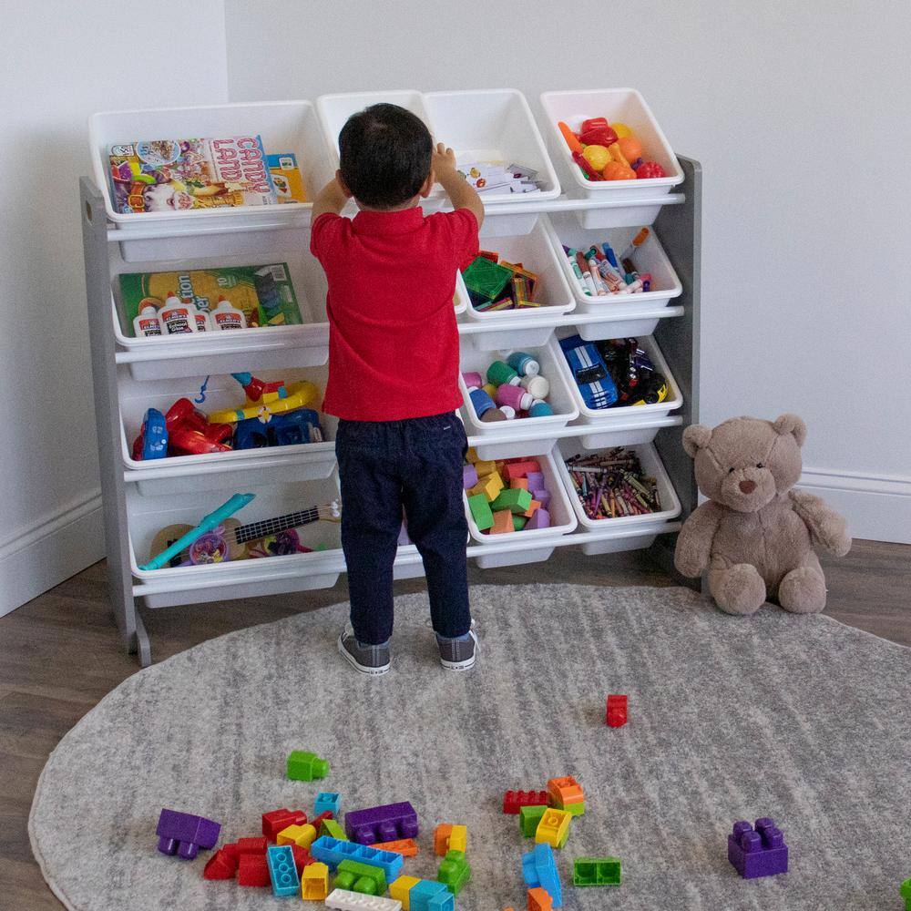 Extra Large Gray and White Kids Toy Storage Organizer with 16 Bins