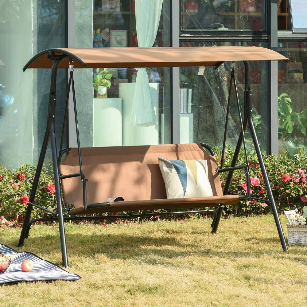Brown 3-Person Outdoor Patio Swing with Adjustable Canopy