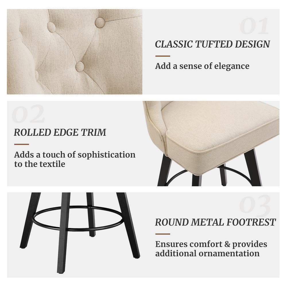 Beige Linen Upholstered Swivel Counter Stool with Solid Wood Frame