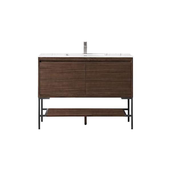 James Martin Vanities Milan 47.3 in. W x 18.1 in. D x 36 in. H Bathroom Vanity in Mid Century Walnut with Glossy White Composite Top