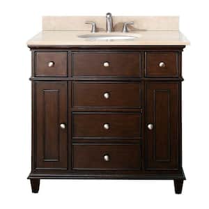 Windsor 37 in. W x 22 in. D x 35 in. H Vanity in Walnut with Marble Vanity Top in Galala Beige and White Basin