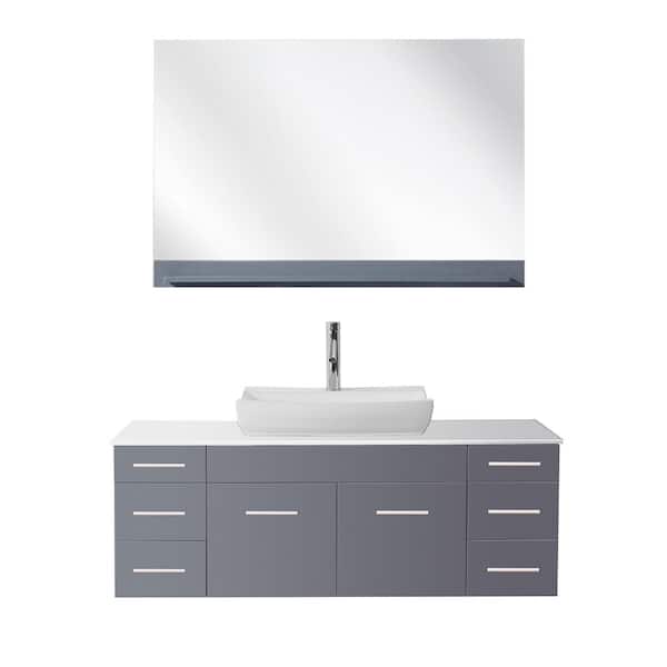 Virtu USA Biagio 55 in. W x 22.05 in. D x 19.69 in. H Grey Vanity With Stone Vanity Top With White Odd Basin and Mirror