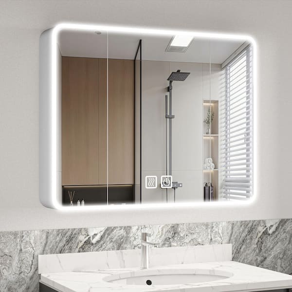 35 in. W x 28 in. H Rectangular Gray Aluminum Defogging LED Light Medicine Cabinet with Mirror and Hair Dryer Holder