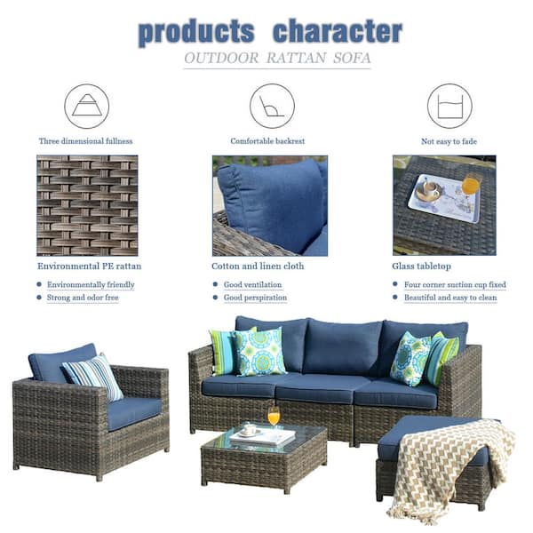 Xizzi Ontario Lake Gray 6 Piece Wicker Outdoor Patio Conversation Seating Set With Denim Blue Cushions Bla306hdbl The Home Depot Xizzi Ontario Lake Gray 6 Piece Wicker, Boscovs Outdoor Furniture