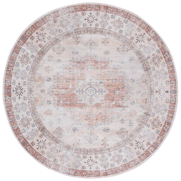 SAFAVIEH Arizona 6 ft. x 6 ft. Beige/Rust Machine Washable Distressed Traditional Round Area Rug