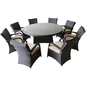 9-Piece Aluminum Frame Wicker Outdoor Dining Set with Beige Cushion and Tempered Glass Top Round Table