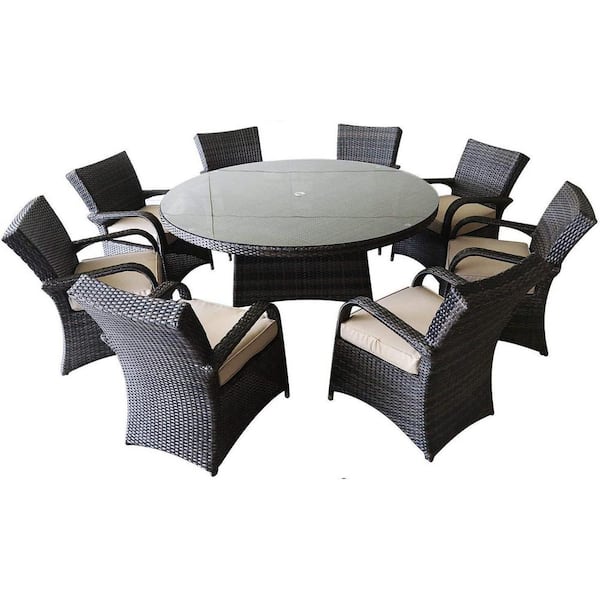 PATIOPTION 9-Piece Aluminum Frame Wicker Outdoor Dining Set with Beige Cushion and Tempered Glass Top Round Table