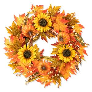 24 in. D Fall PreLit Sunflower Pumpkin Leaf Wreath Artificial Christmas Wreath