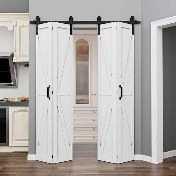 72 in. x 84 in. Paneled K Shape Solid Core White Finished Composite MDF Bifold Door with Bifold Barn Door Hardware