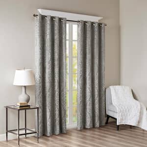 Elysia Charcoal Damask Knitted Jacquard Damask 50 in. W x 84 in. L Blackout Grommet Top Curtain