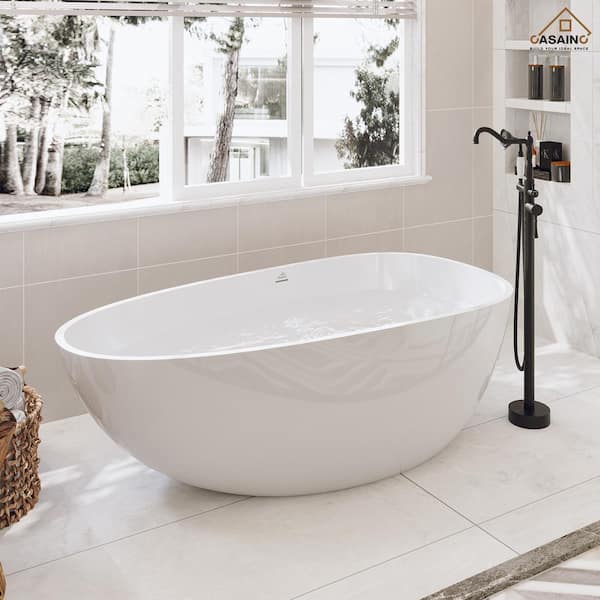 CASAINC 67 in. 33 in. Stone Resin Solid Surface Egg-shaped Soaking Bathtub in Glossy White with Standing Faucet in Matte Black