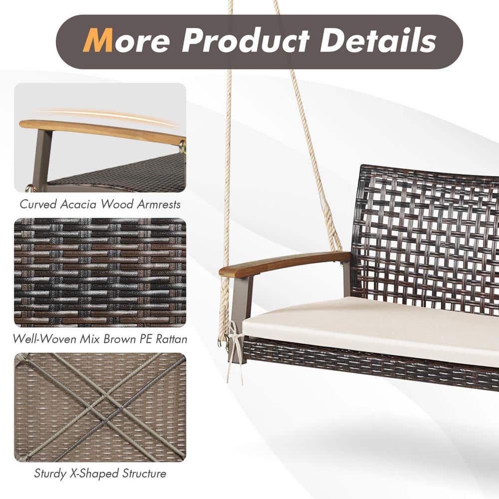 Off-White 2-Person Rattan Patio Swing with Cushion
