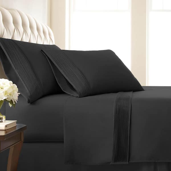Southshore Fine Linens Vilano Pleated 21 in. Extra-Deep Pocket 4-Piece Black California King Microfiber Sheet Set