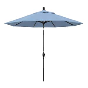 9 ft. Black Aluminum Pole Market Aluminum Ribs Push Tilt Crank Lift Patio Umbrella in Air Blue Sunbrella