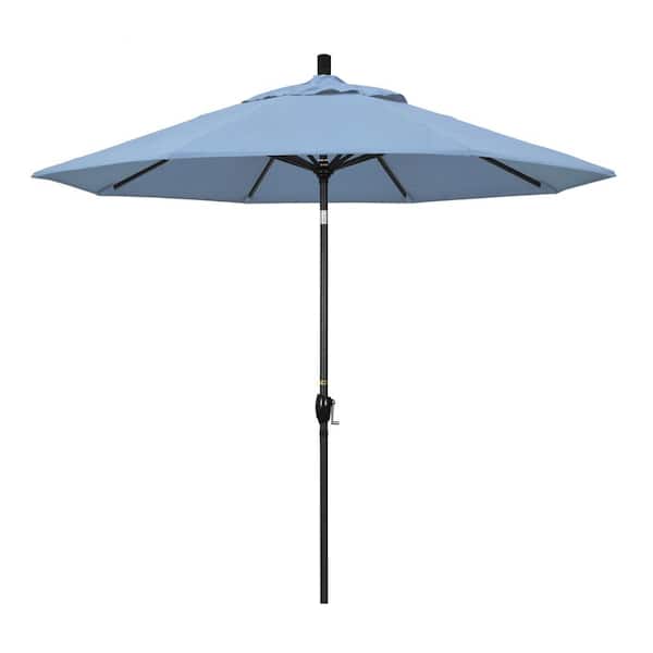 California Umbrella 9 ft. Black Aluminum Pole Market Aluminum Ribs Push Tilt Crank Lift Patio Umbrella in Air Blue Sunbrella