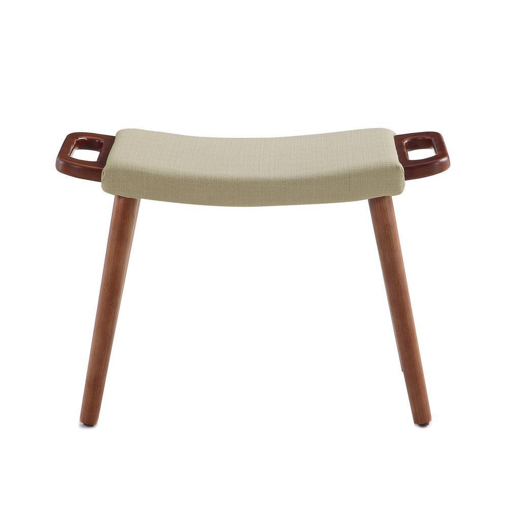 Mid-Century Barley Cream Linen & Antique Walnut Ottoman