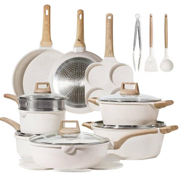 21 Piece Nonstick Pots and Pans Set, Granite Cookware Set in White Induction Compatible with Frying Pans Saucepans