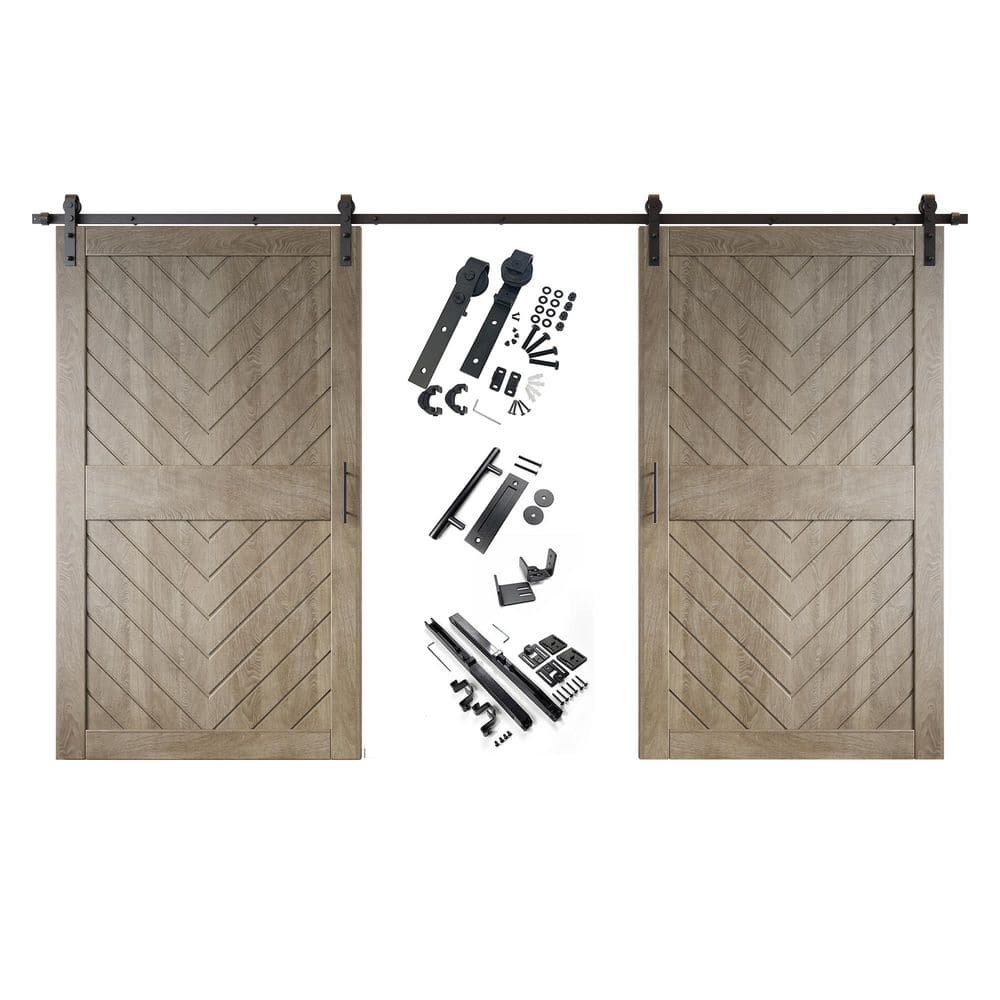 JT3 48 in. x 84 in. C-Panel Classic Gray Fishbone Design Double Pine Wood Sliding Barn Door with Hardware Kit price history on PriceWatchPro