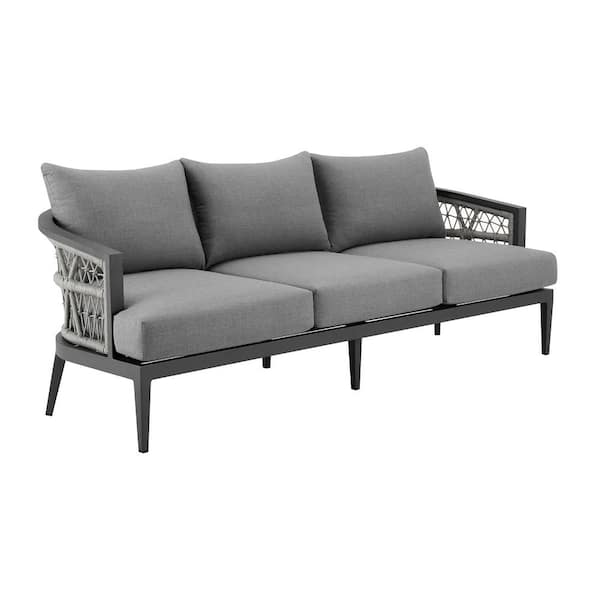Armen Living Zella Warm Gray Aluminum Outdoor Couch with Earl Gray Cushions