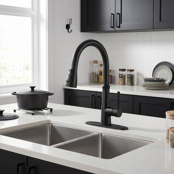 Stainless Steel Single-Handle Pull-Down Kitchen Faucet with 3-Way Spray and Deck Plate in Matte Black