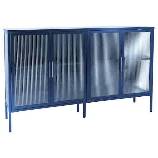 Miscool Anky 59.17 in. W x 13.86 in. D x 35.91 in. H Blue Freestanding Bathroom Linen Cabinet with Fluted Glass Doors