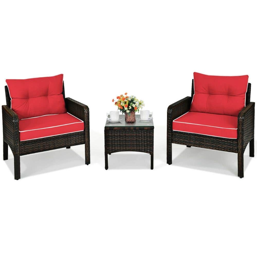 3-Piece Wicker Patio Conversation Set with Red Seat and Back Cushions, 2 Chairs and Glass Side Table price history on PriceWatchPro