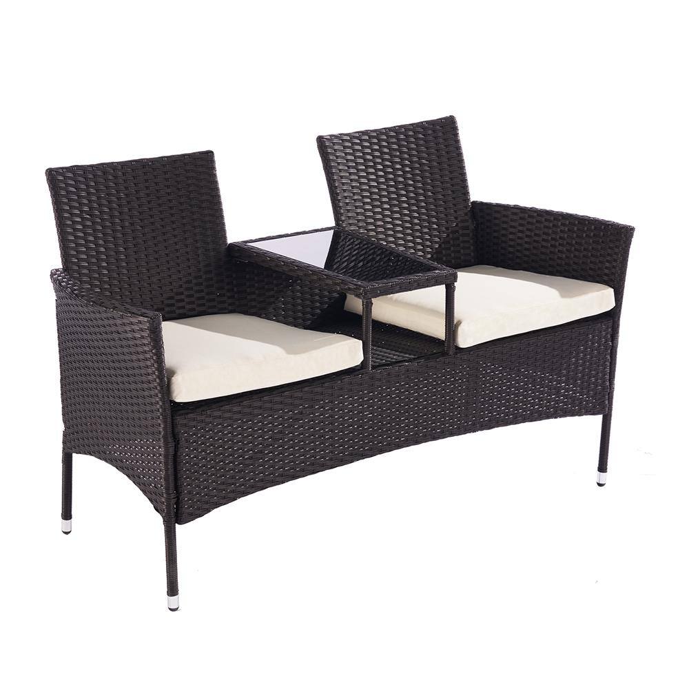 PE Wicker Patio Furniture Set Outdoor Loveseat with Coffee Table & Beige Cu