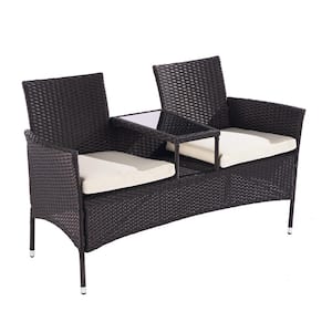 PE Wicker Patio Furniture Set Outdoor Loveseat with Coffee Table & Beige Cushions