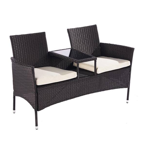BTMWAY PE Wicker Patio Furniture Set Outdoor Loveseat with Coffee Table and Beige Cushions