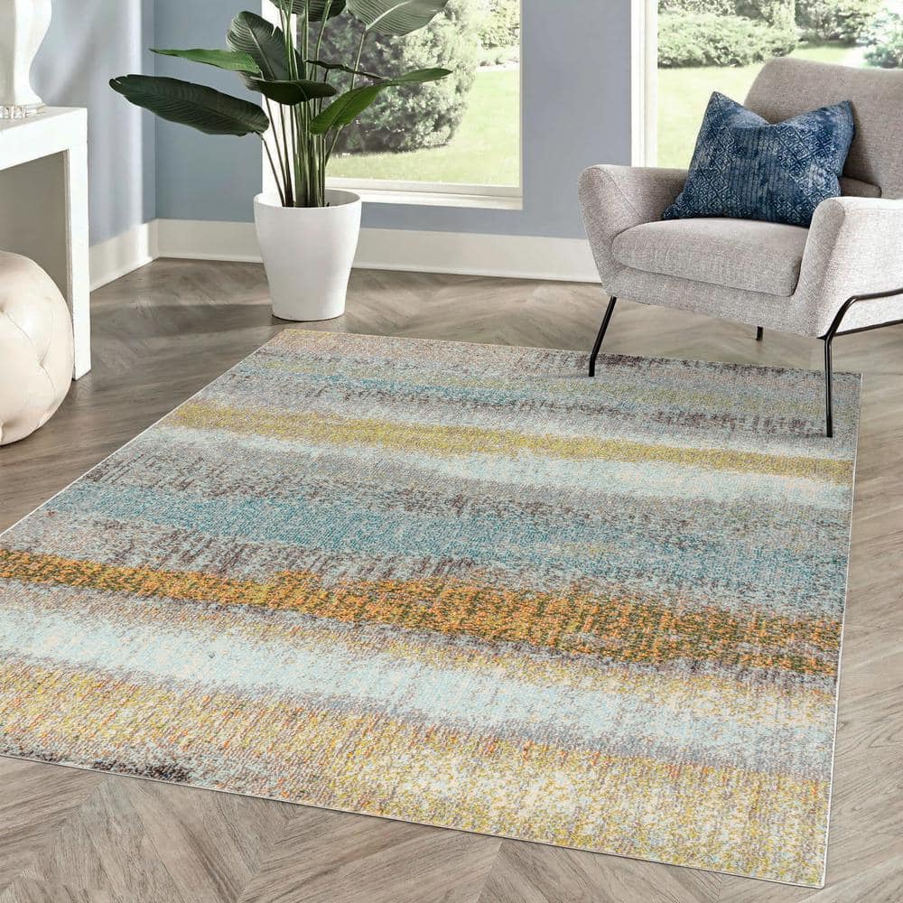 Blue and Beige Abstract Synthetic Area Rug