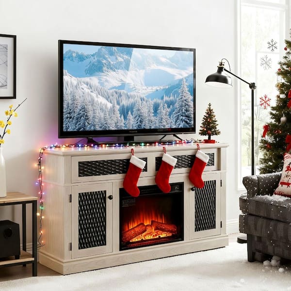 Farmhouse 58 in. Freestanding Wood Electric Fireplace TV Stand with Embossed Doors and Storage in White