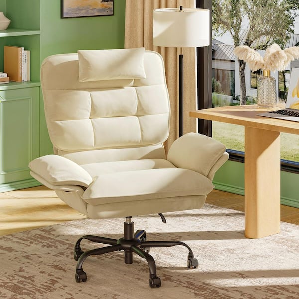 Bestier Velvet Seat High-Back Ergonomic Office Chair in Beige with Adjustable Padded Arms, Swivel Chair with Padded Headrest
