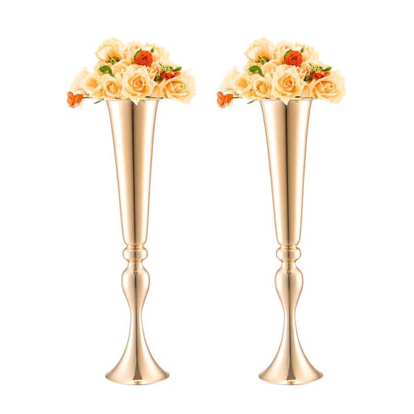 VEVOR 2 PCS 56 cm/22.05 in. Tall Wedding Flower Vase Metal Wedding Trumpet Centerpiece Gold Floral Stand Display Steel Round