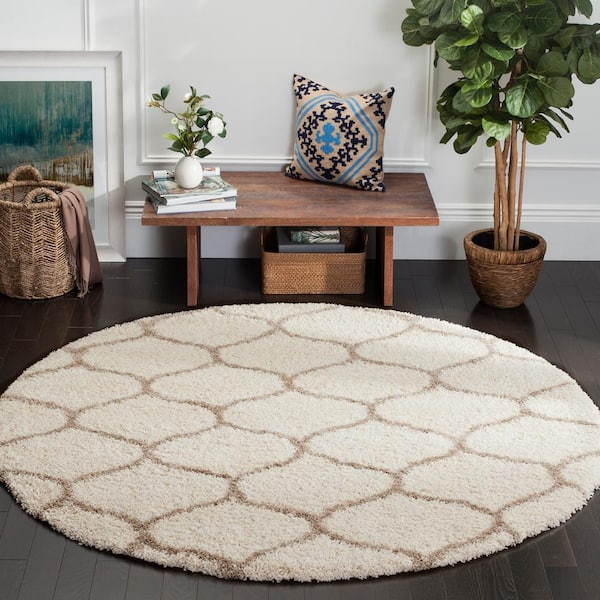 Hudson Shag Ivory/Beige 9 ft. x 9 ft. Round Trellis Area Rug