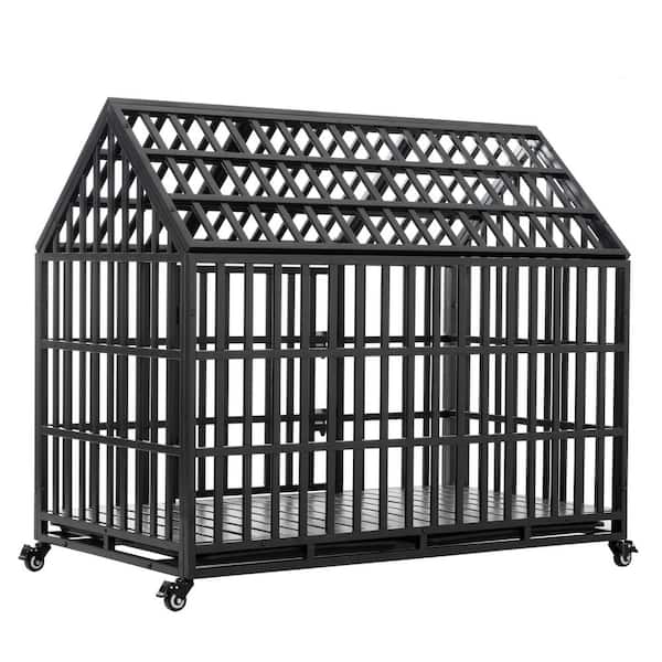 52 in. Heavy Duty Dog Crate Large Dog Cage Strong Metal Dog Kennels and Crates for Large Dogs with 4-Lockable Wheels